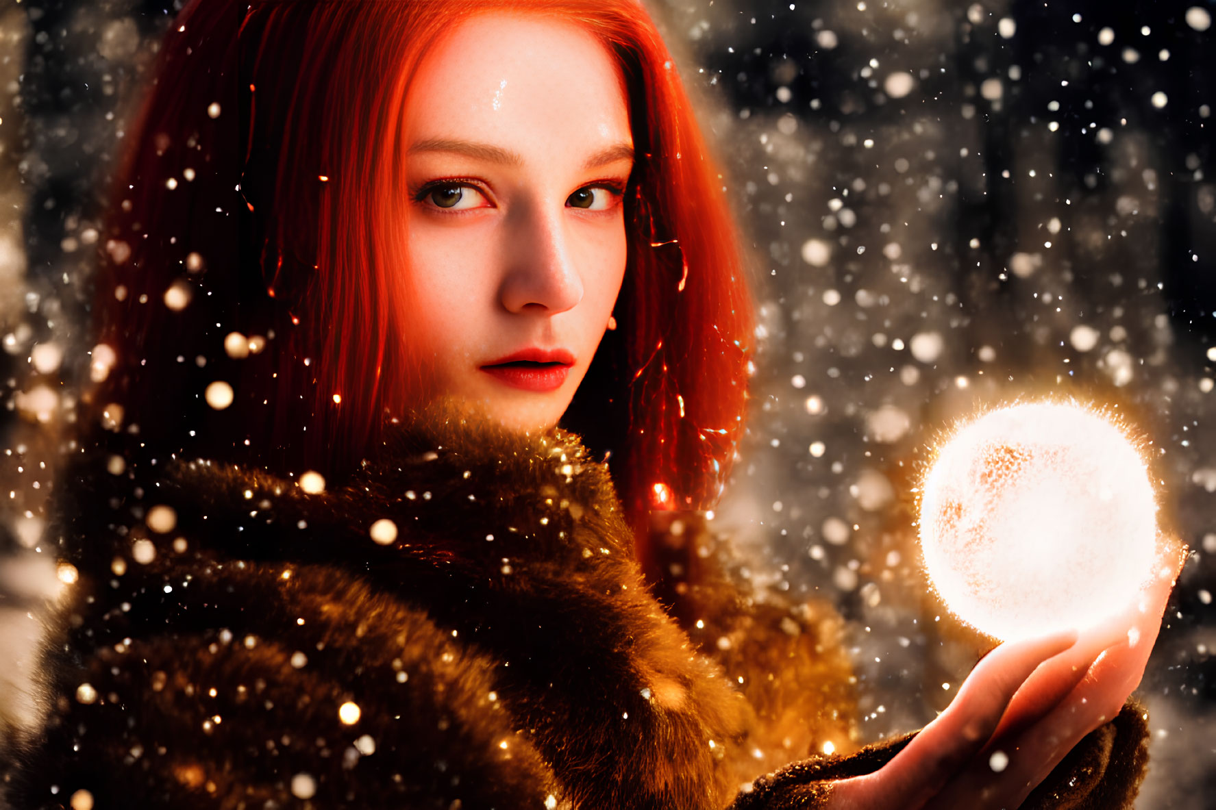 Red-haired woman in fur coat with glowing orb in snowy scene