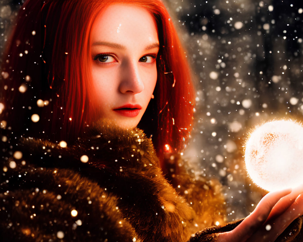 Red-haired woman in fur coat with glowing orb in snowy scene