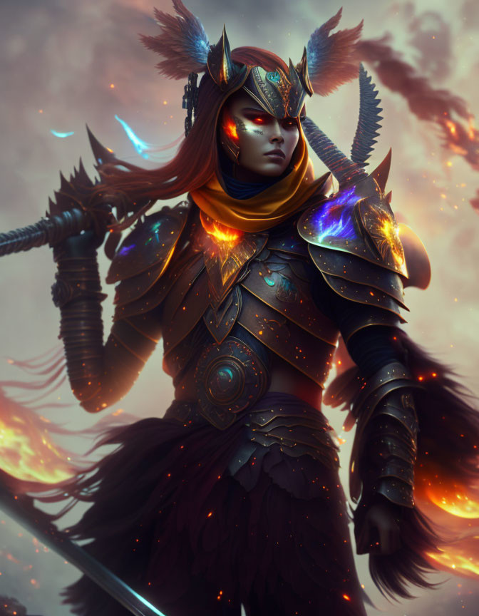 Fantasy warrior in ornate armor amid swirling flames and fiery sky