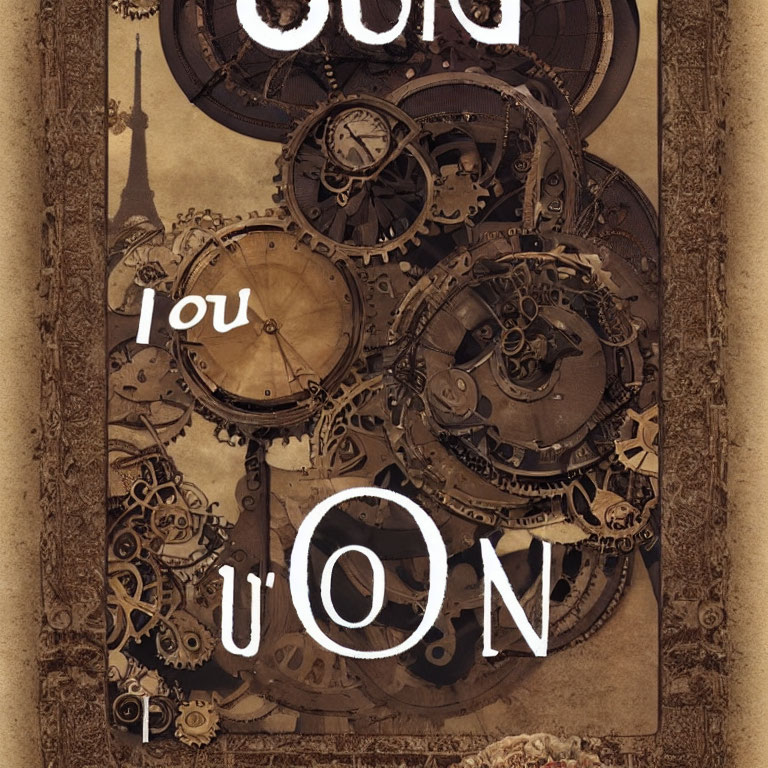 Vintage Mechanical Gears and Cogs with Overlapping Text Hints