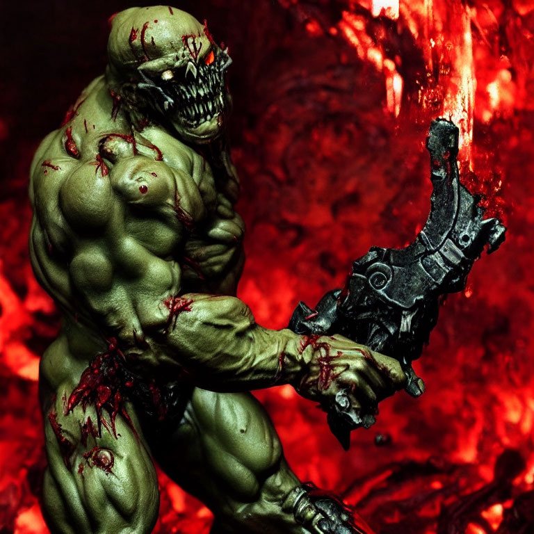 Muscular green-skinned creature with glowing red eyes and sharp teeth holding a large weapon in a crimson