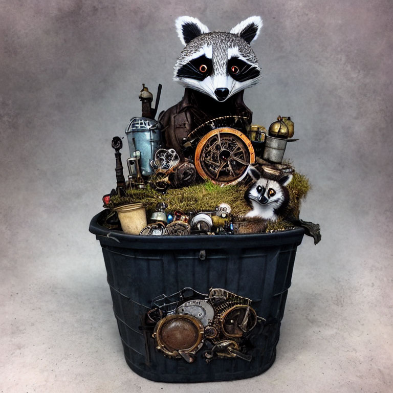 Steampunk-style raccoon figures in black bin with vintage machinery.