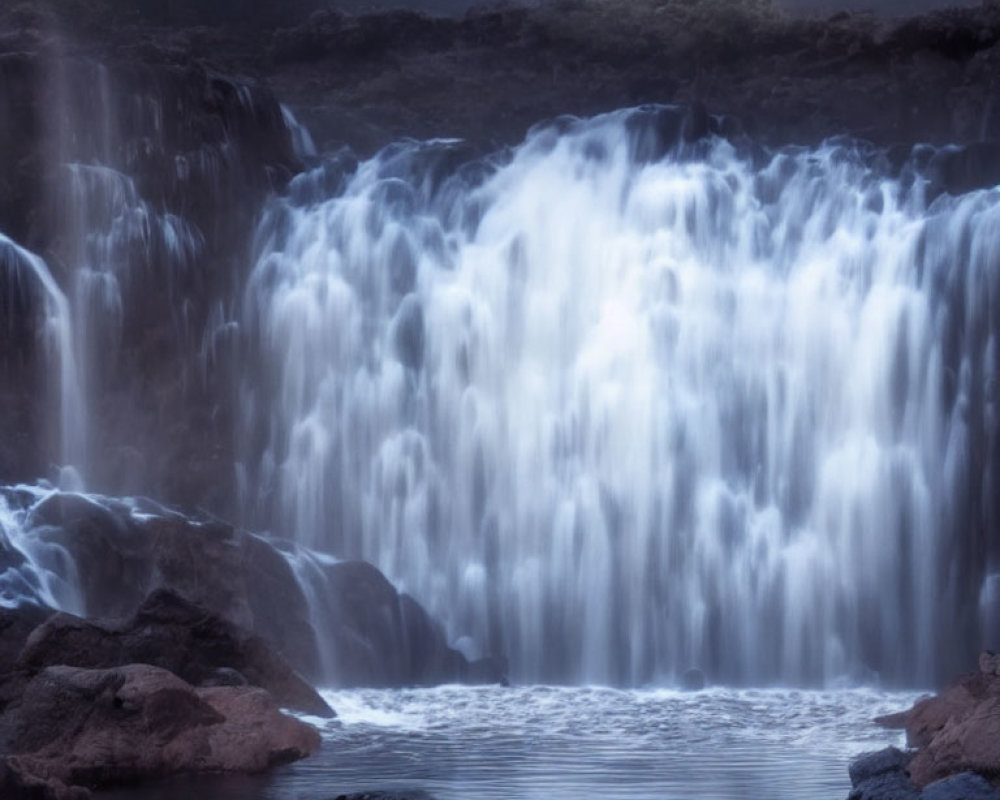 Tranquil waterfall cascading over rocky ledges into serene pool