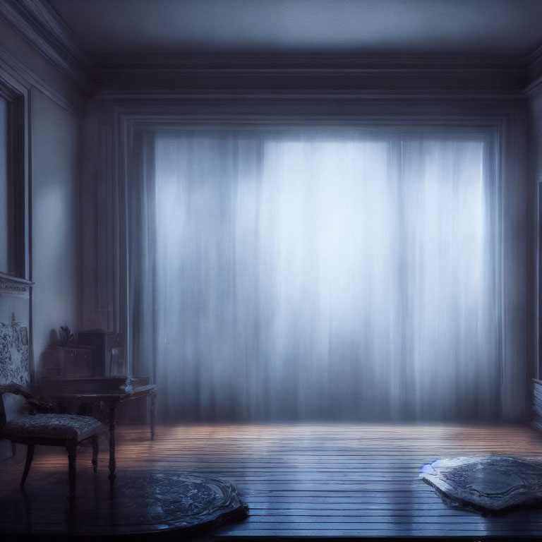 Dimly Lit Room with Classical Furniture and Ornate Chair