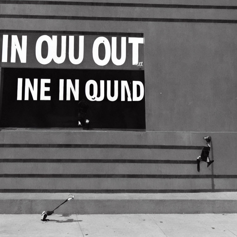 Monochrome image: distorted "IN OUT" text on wall with walking person and small dog on leash