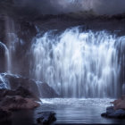 Mysterious figure at entrance of dark cavern with eerie silhouettes and twisted tree-like formations