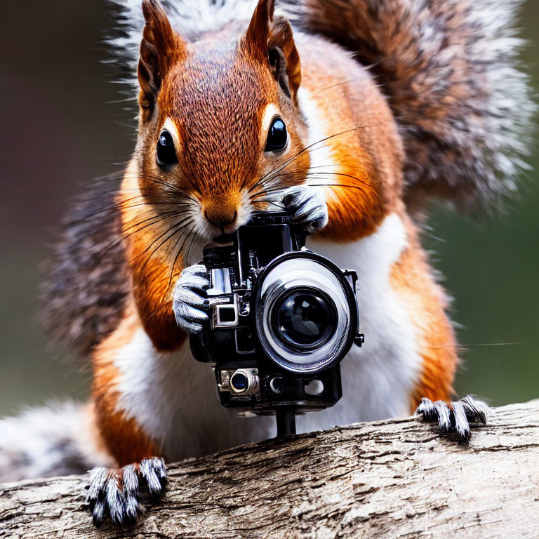 Fluffy-eared squirrel and vintage camera on wooden surface