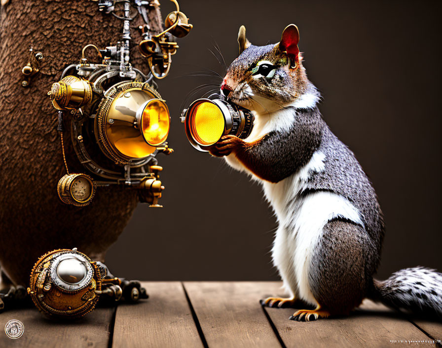 Squirrel with humanoid face holding steampunk orb in whimsical image
