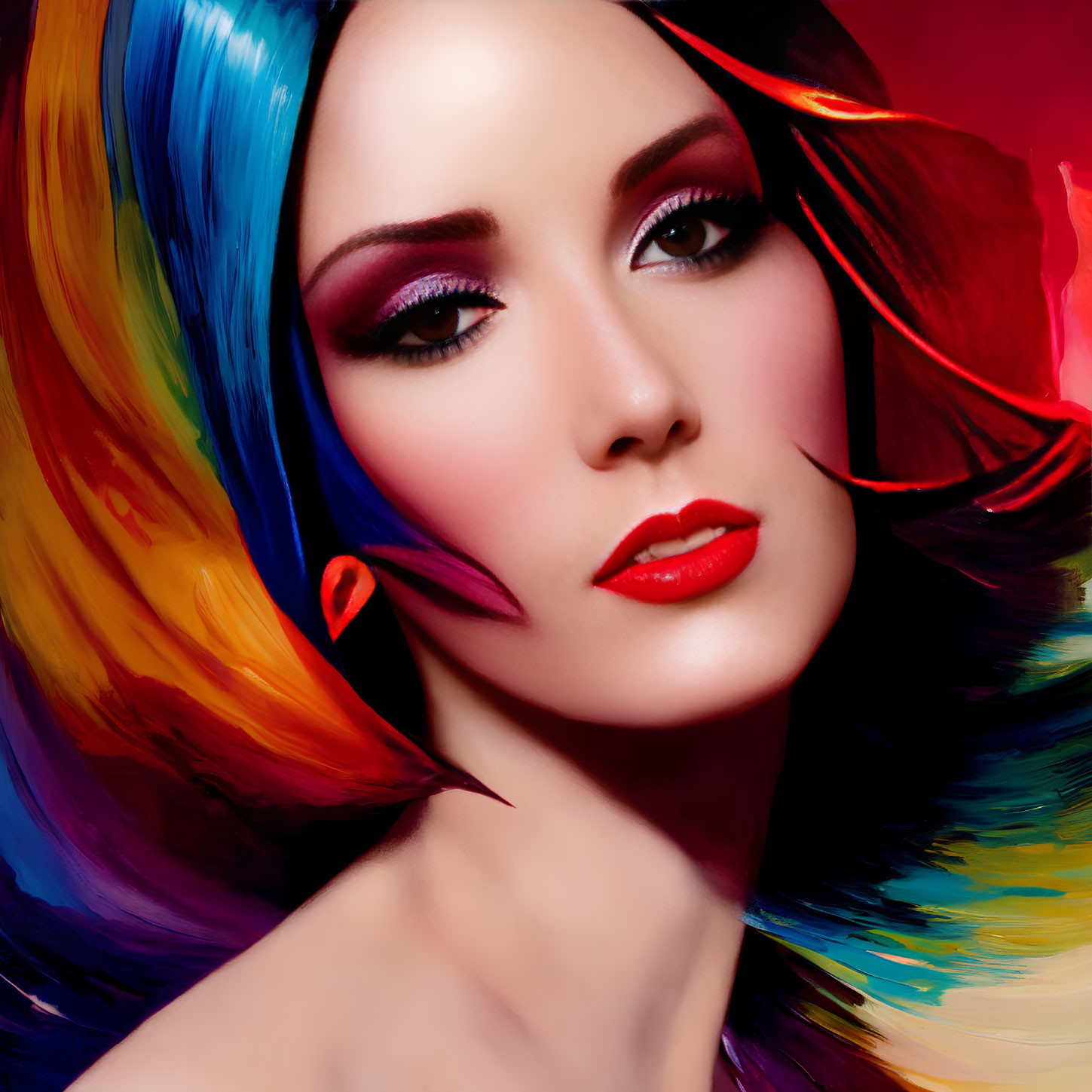 Vibrant rainbow-colored hair and red lipstick on a woman against red backdrop