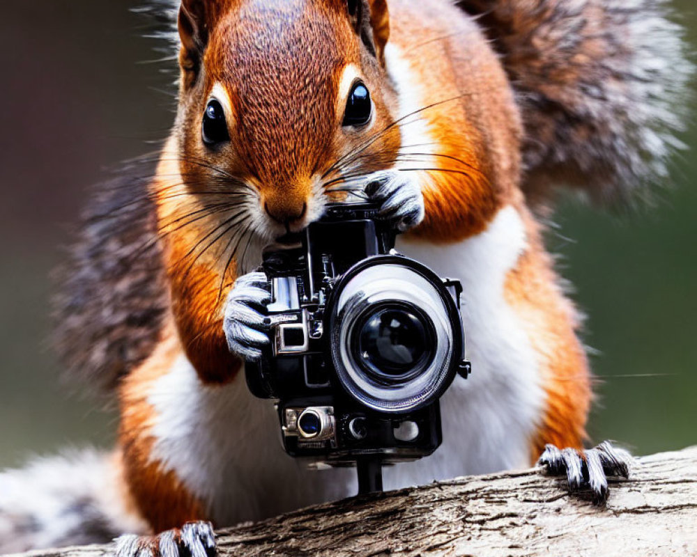 Fluffy-eared squirrel and vintage camera on wooden surface
