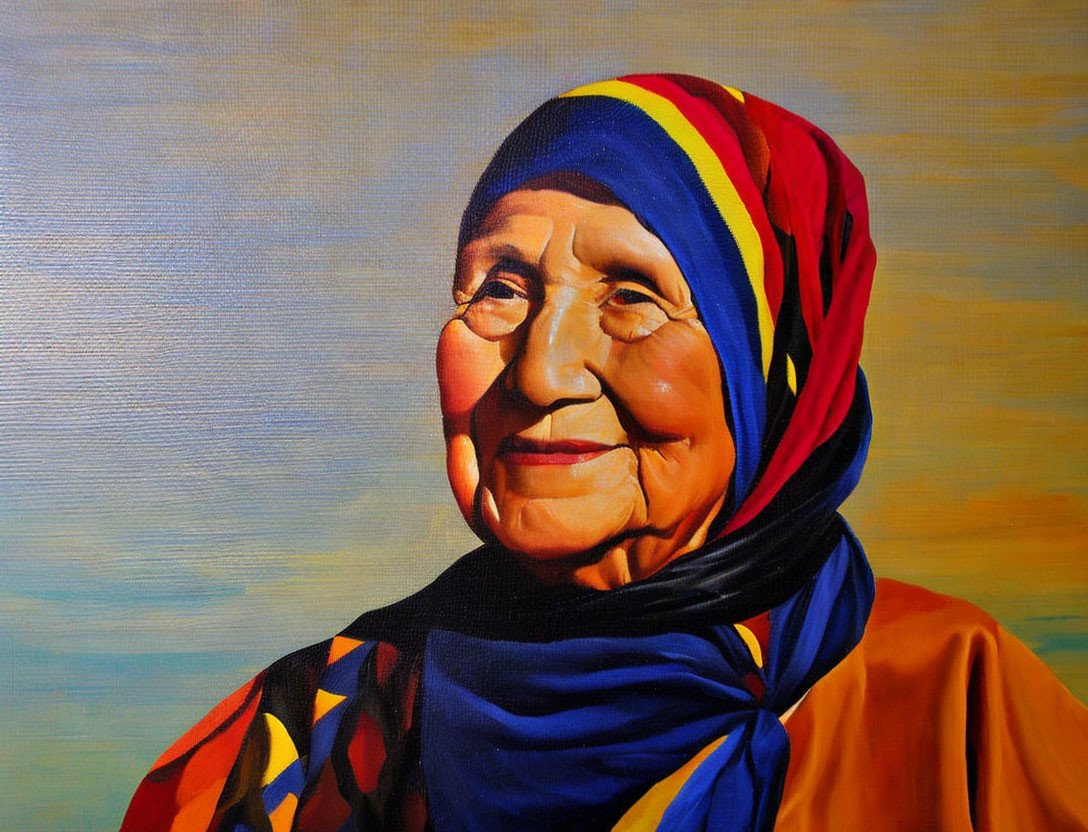 Elderly woman portrait in oil paint, colorful headscarf, yellow backdrop