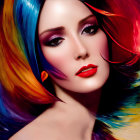 Vibrant rainbow-colored hair and red lipstick on a woman against red backdrop