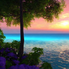 Tranquil tree with purple foliage by serene ocean at sunrise or sunset