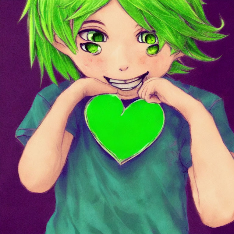 Smiling character with green hair and heart hands pose