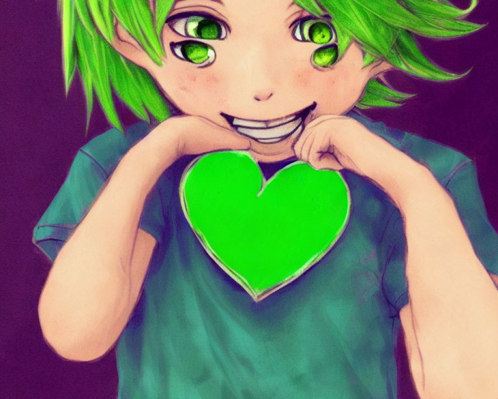 Smiling character with green hair and heart hands pose