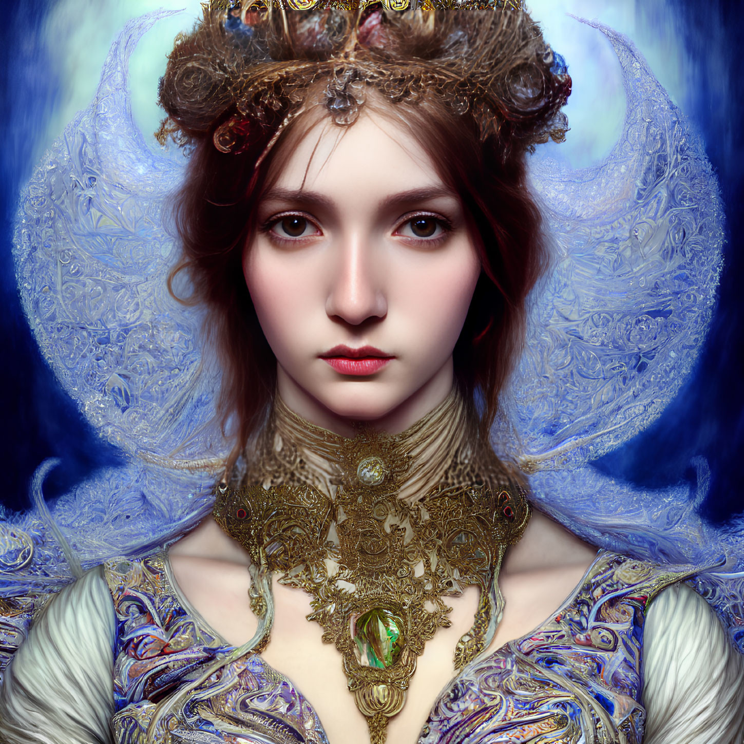 Digital artwork featuring woman with gold jewelry, regal headdress, and luminescent halo