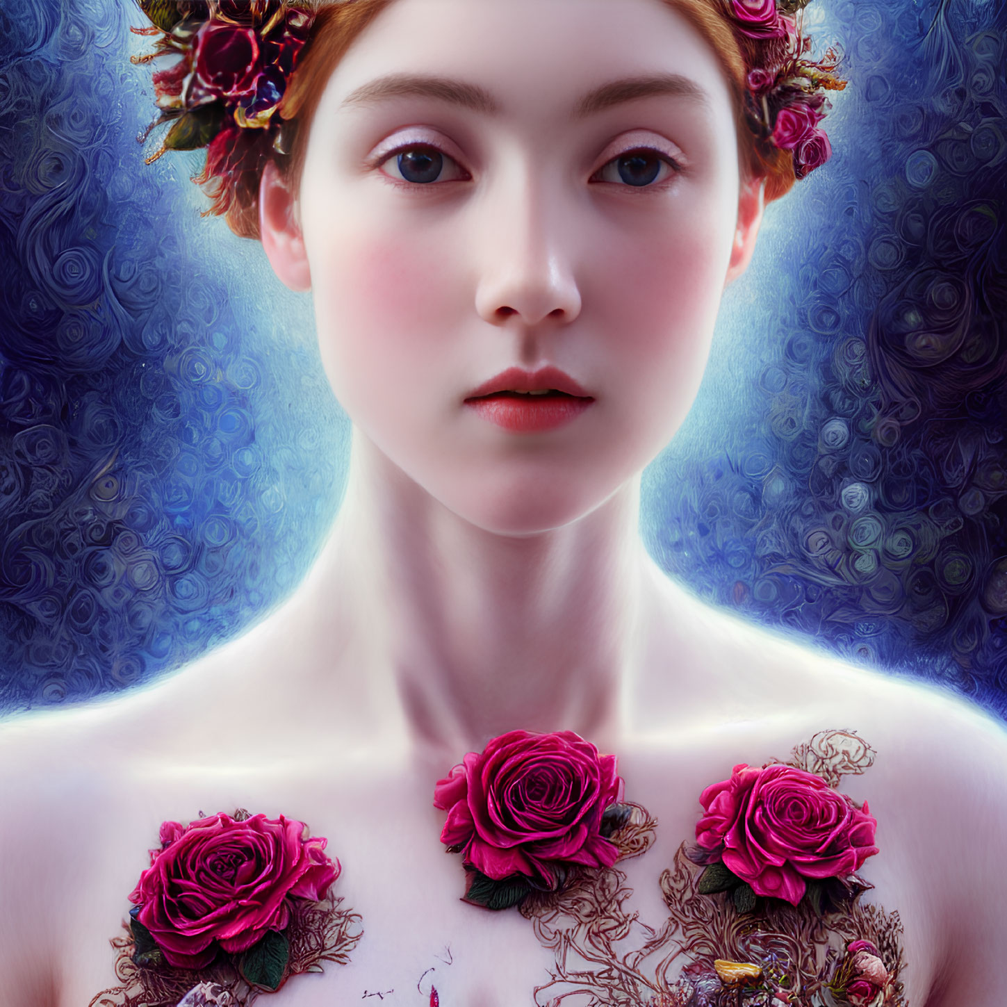 Portrait of Woman with Porcelain Skin and Red Roses on Blue Background