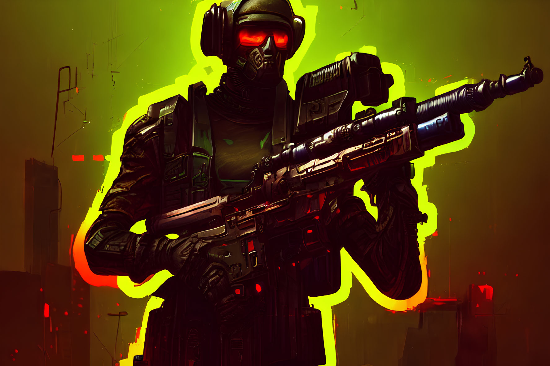 Futuristic soldier in full body armor with high-tech rifle on neon-lit backdrop