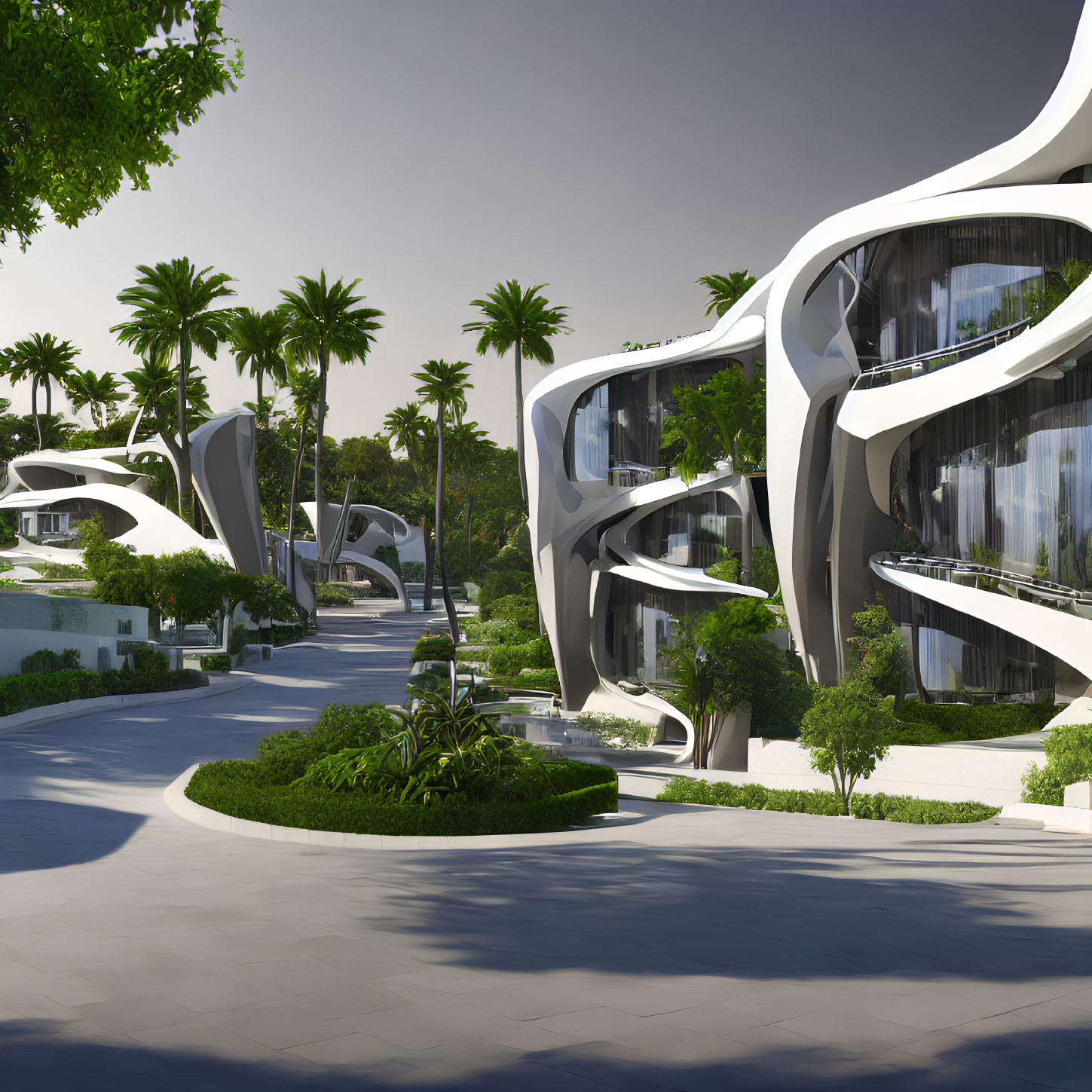 Organic-shaped futuristic architecture in lush green setting