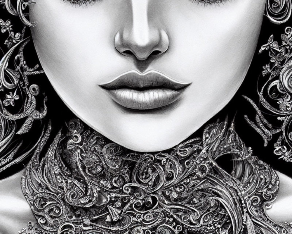 Detailed Monochrome Illustration of Woman's Lower Face with Intricate Patterns and Textures