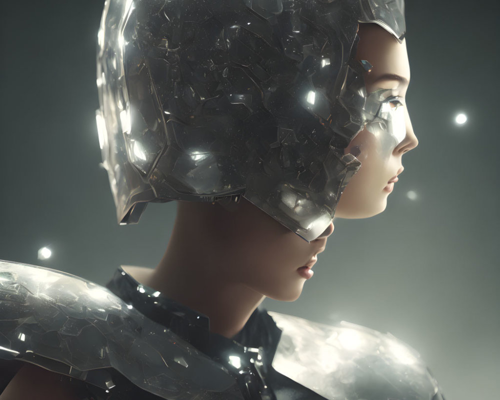 Profile View of Person in Futuristic Cracked Helmet and Armor