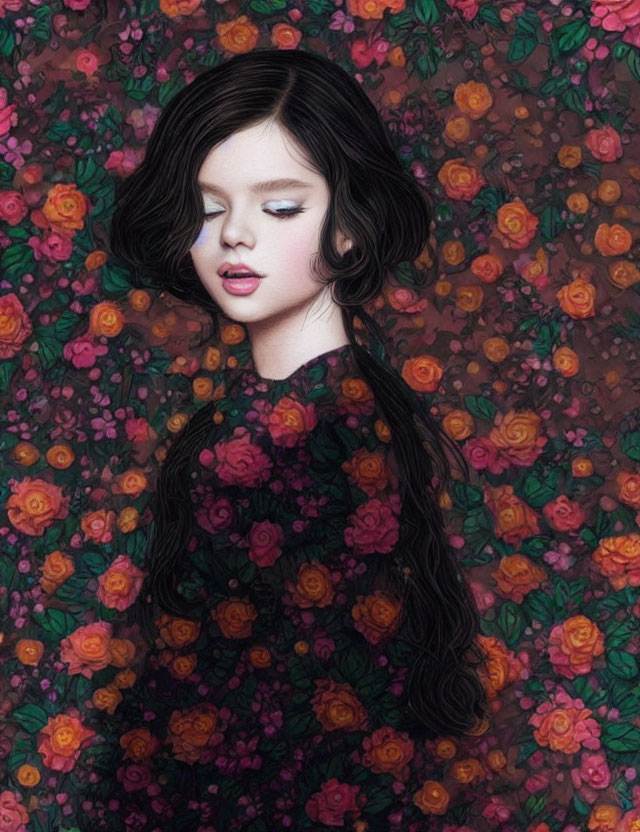 Young girl with long dark hair blending into vibrant pink and orange roses