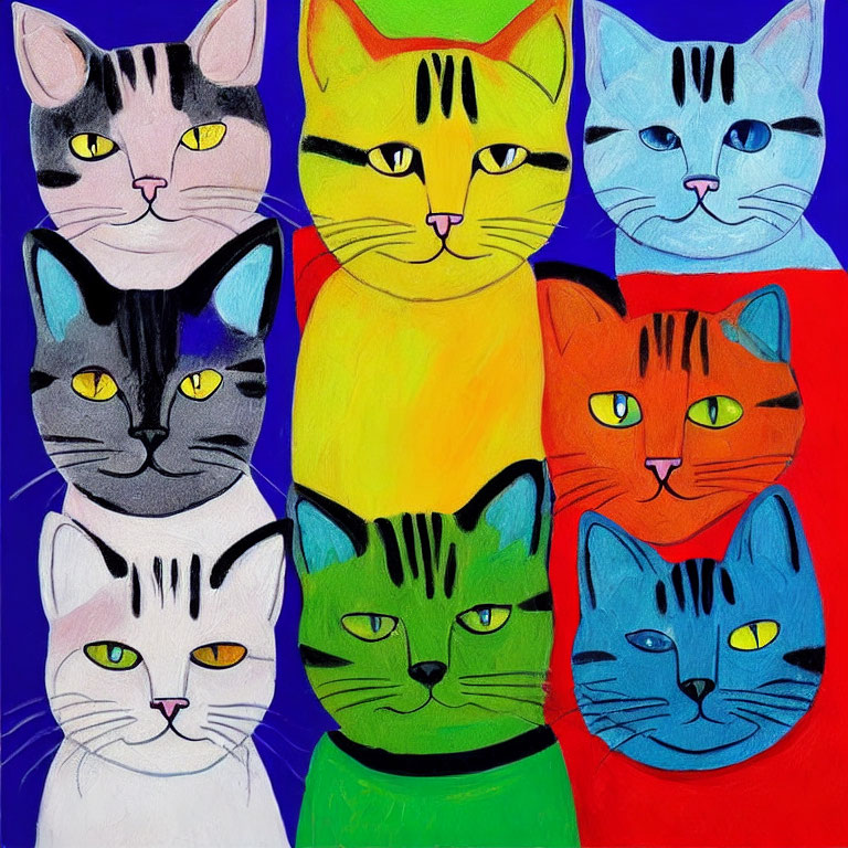 Nine Colorful Cartoon Cats with Expressive Faces on Blue Background