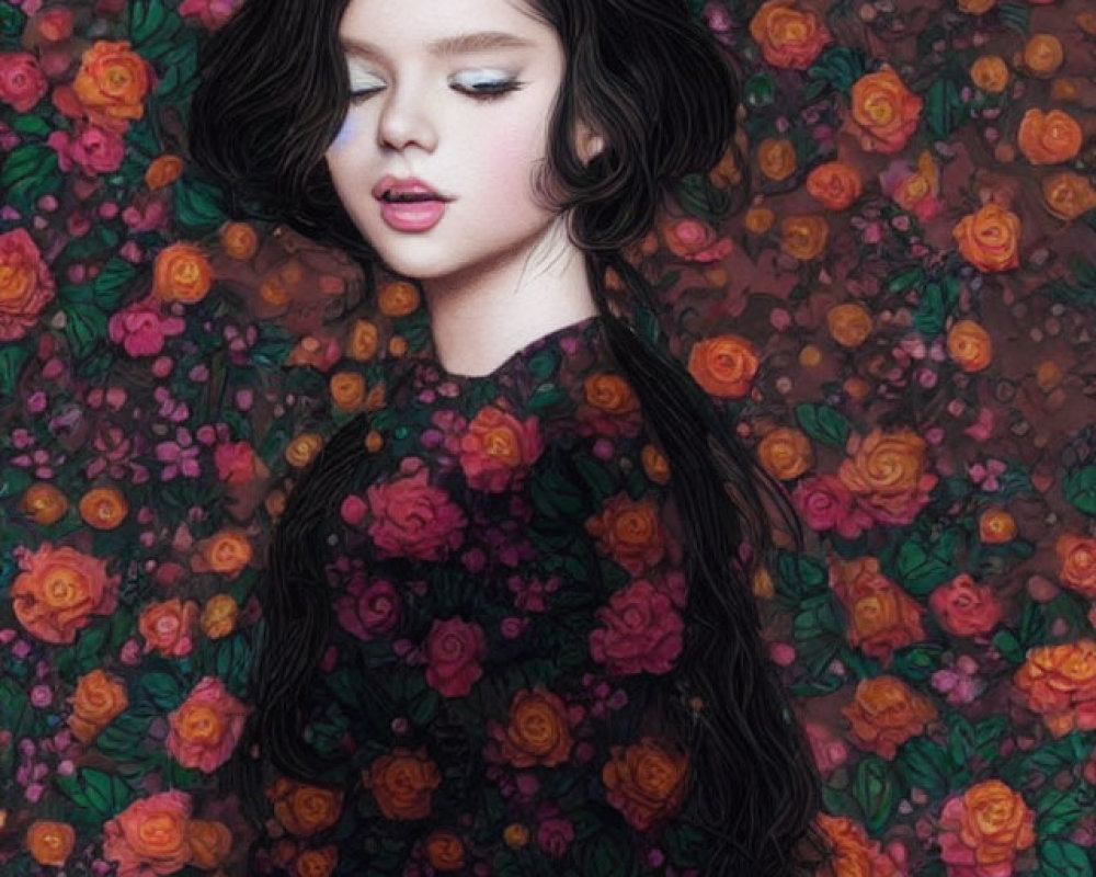 Young girl with long dark hair blending into vibrant pink and orange roses