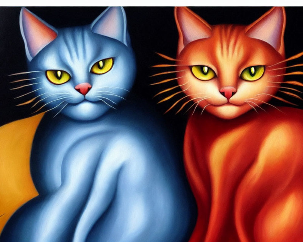 Stylized painting of two cats with human-like eyes on dark background