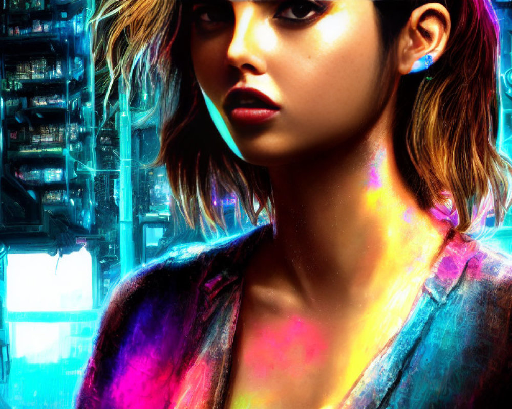 Vibrant neon-lit woman in futuristic cityscape.