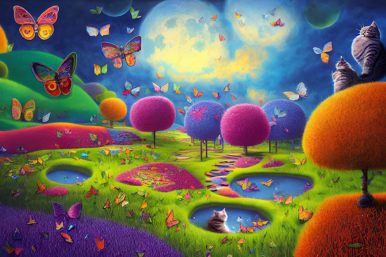 Colorful Fantasy Landscape with Trees, Hills, Butterflies, Cats, Moon & Stars