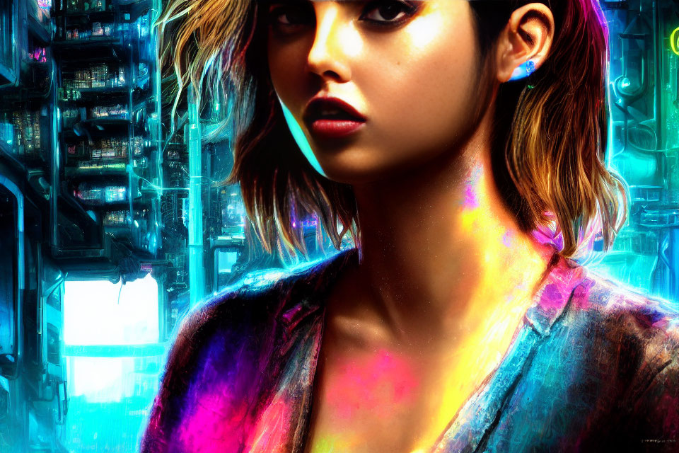 Vibrant neon-lit woman in futuristic cityscape.