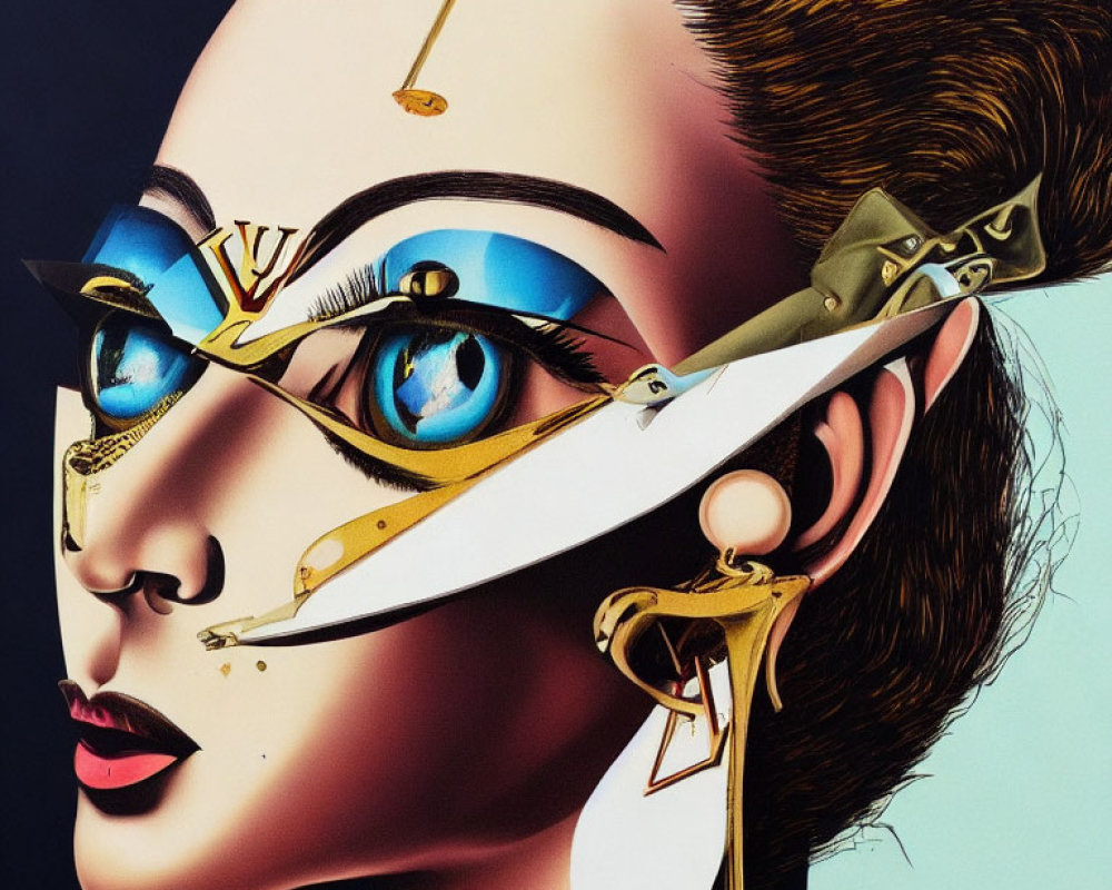 Surreal illustration of woman's face with mechanical elements & vibrant blue eyeshadow