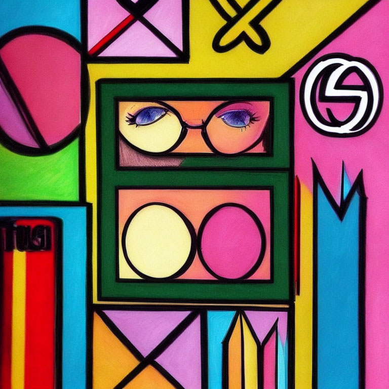 Colorful geometric abstract painting with stylized eyes and glasses in vibrant hues