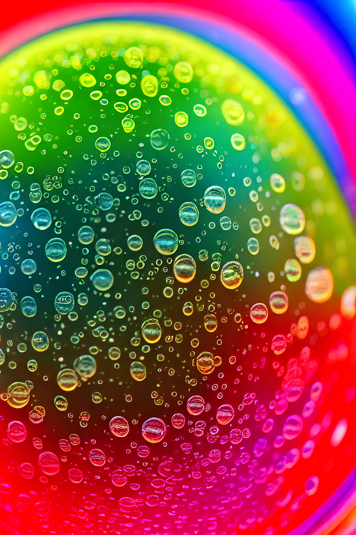 Vibrant rainbow-colored bubbles with light reflections in close-up view