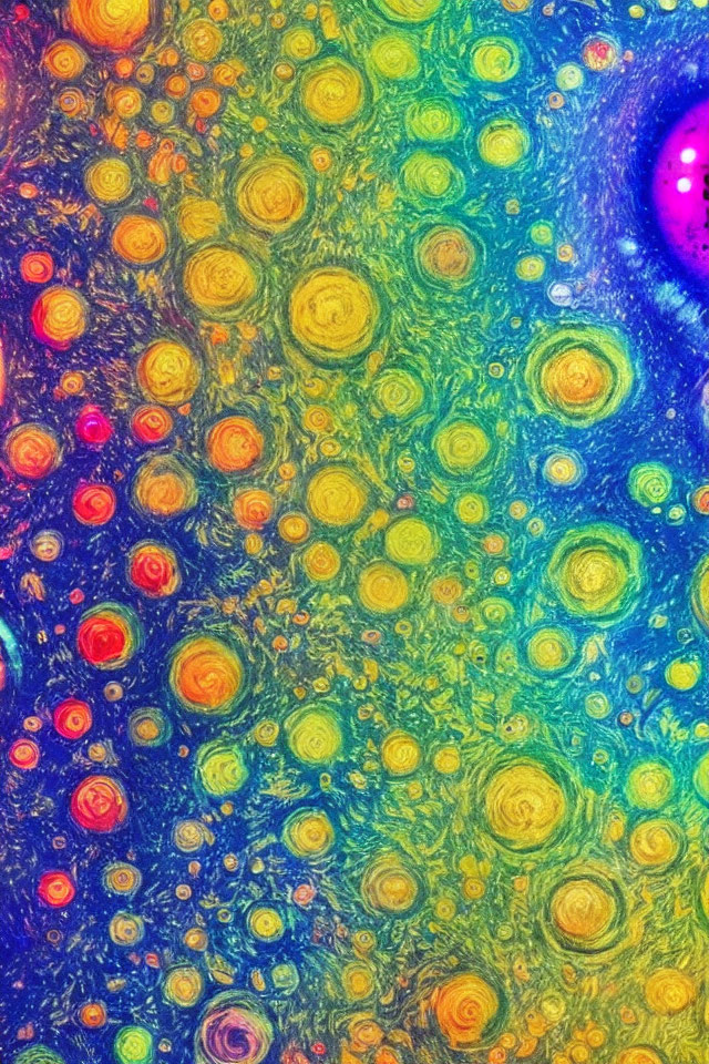 Vibrant abstract pattern with swirling circles and bubbles in blue, green, yellow, and pink hues