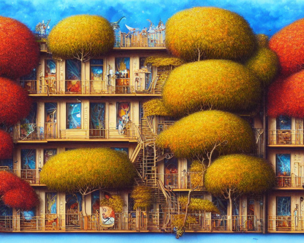 Whimsical building with tree-like structures and balconies under blue sky