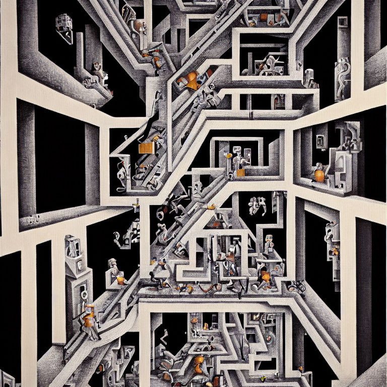 Detailed Surreal Drawing of Multi-Level Structure with Gravity-Defying Staircases