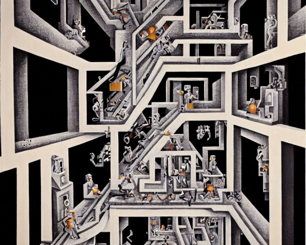 Detailed Surreal Drawing of Multi-Level Structure with Gravity-Defying Staircases