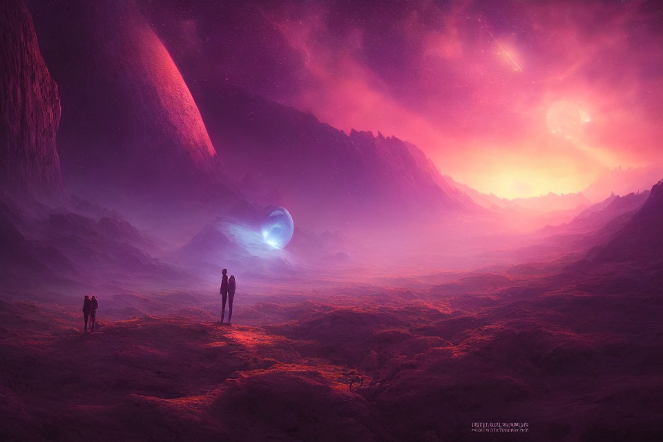 Silhouetted figures on alien purple-lit landscape with blue orb and giant planet.