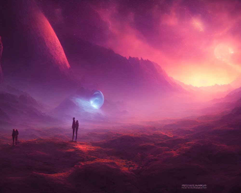 Silhouetted figures on alien purple-lit landscape with blue orb and giant planet.