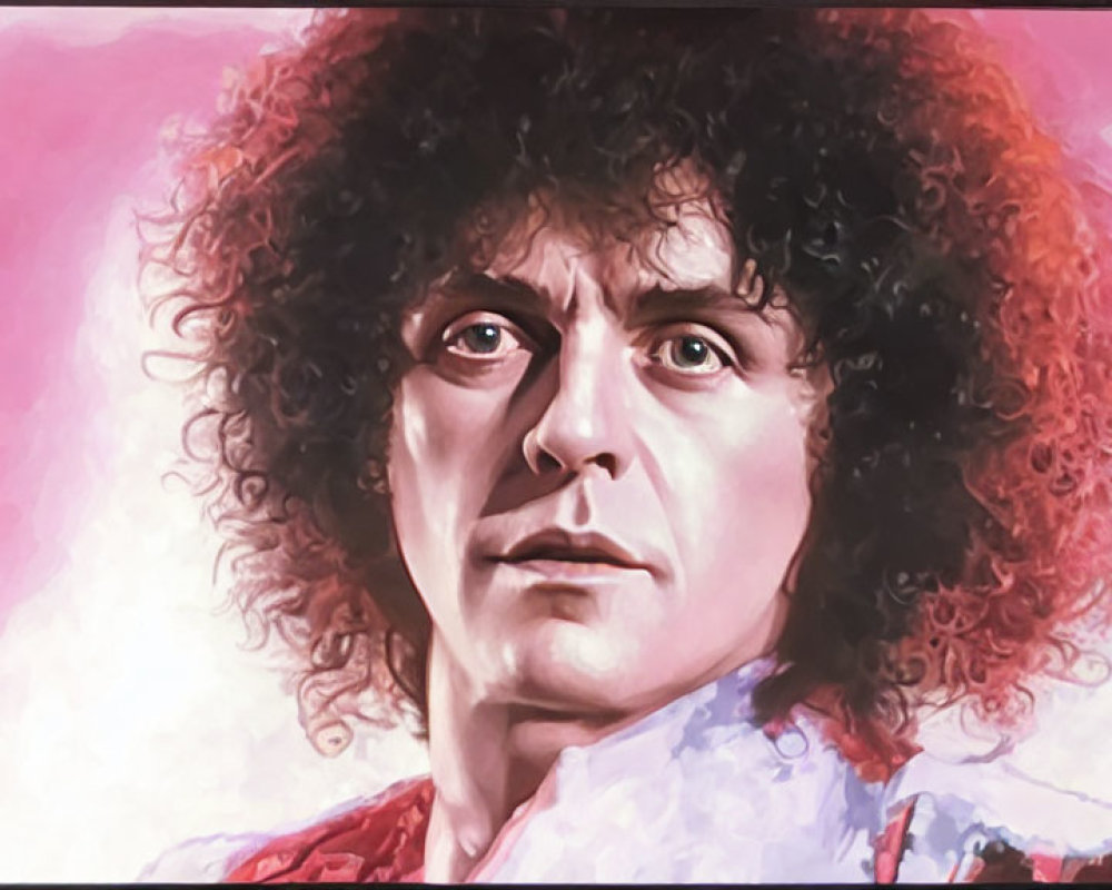 Portrait of man with curly hair, intense gaze, red and white attire on pink background