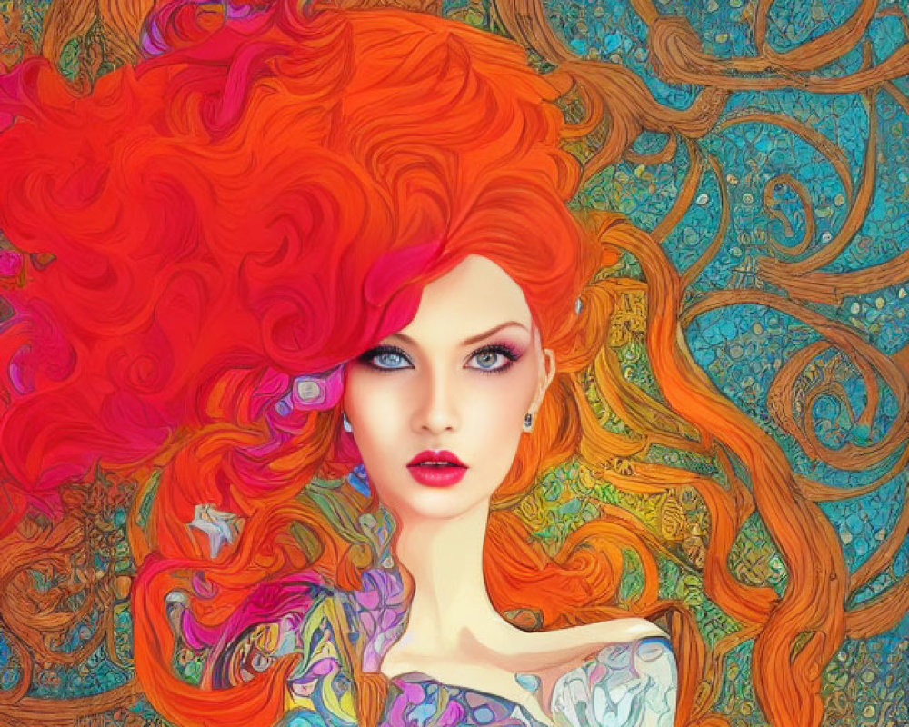 Colorful illustration of woman with red hair in vibrant attire on blue background