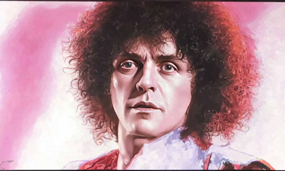 Portrait of man with curly hair, intense gaze, red and white attire on pink background