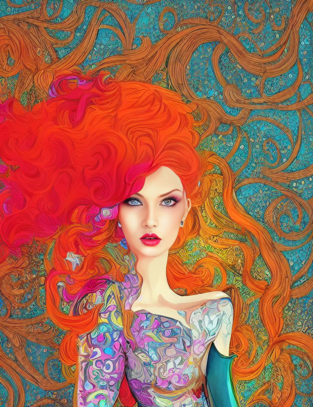 Colorful illustration of woman with red hair in vibrant attire on blue background