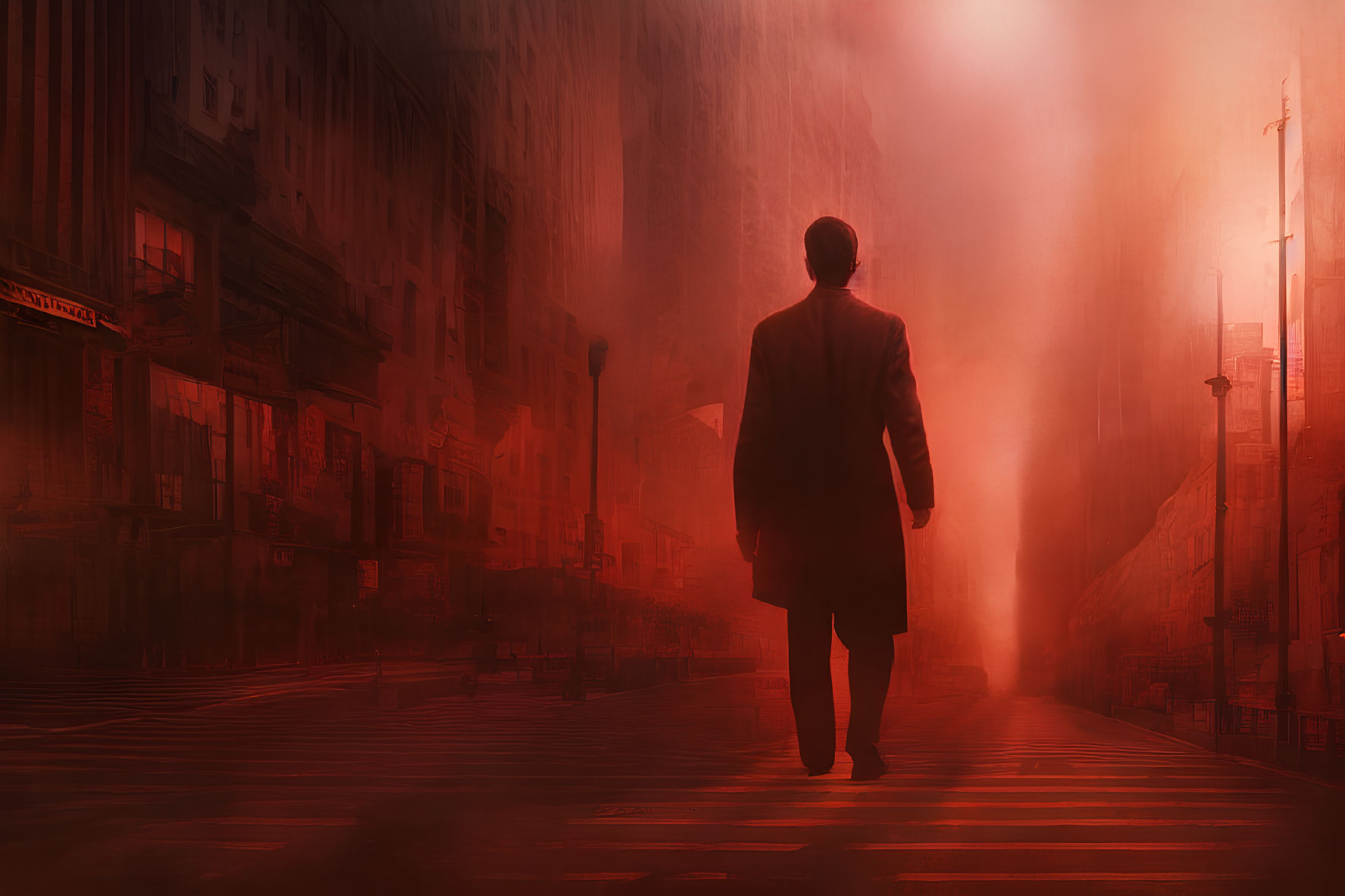 Person in coat stands in eerie, foggy street with red lighting and shadowy buildings