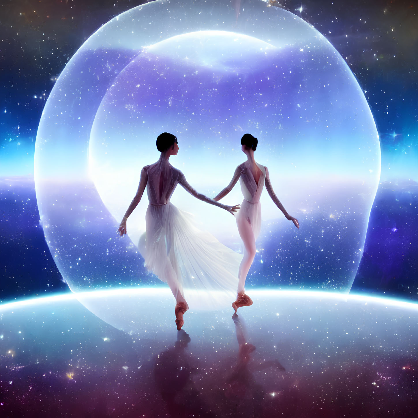 Silhouetted ballet dancers against cosmic backdrop with glowing orb