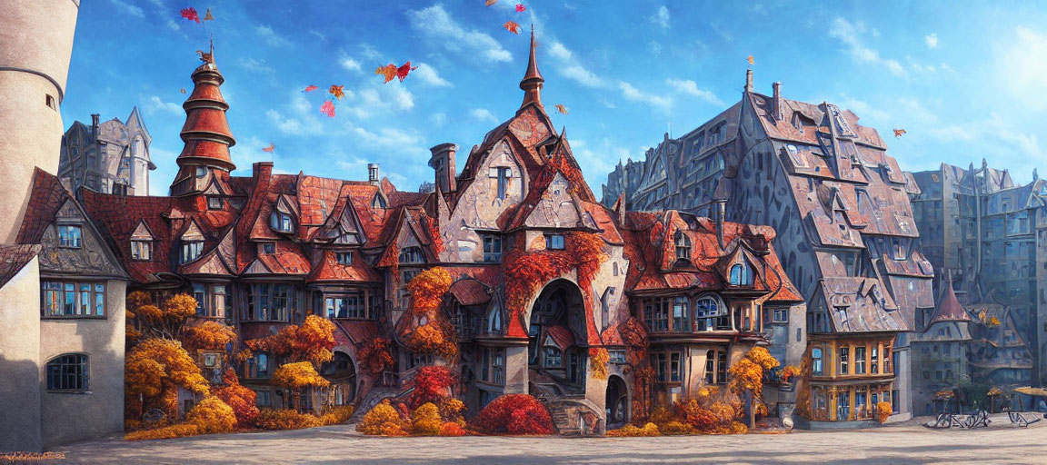 European Medieval Village with Autumn-Colored Ivy and Cobblestone Streets