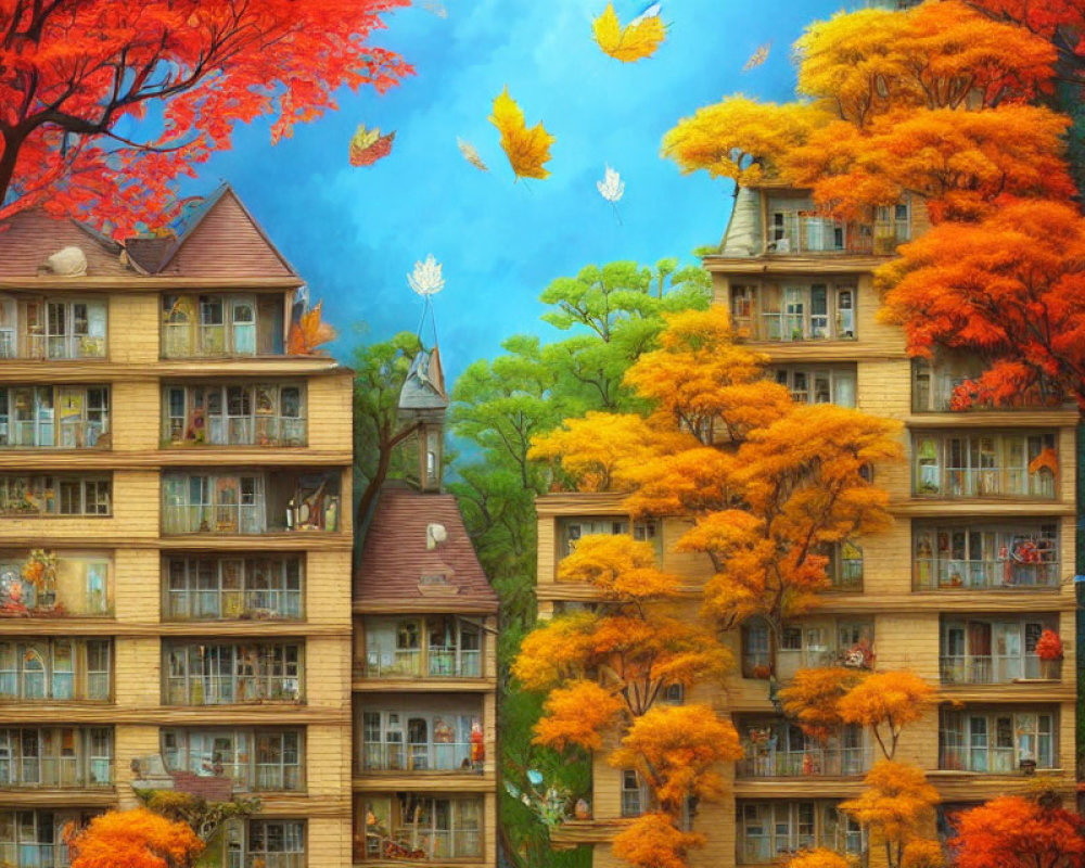 Symmetric multi-story buildings in vibrant autumn setting with red and orange foliage.