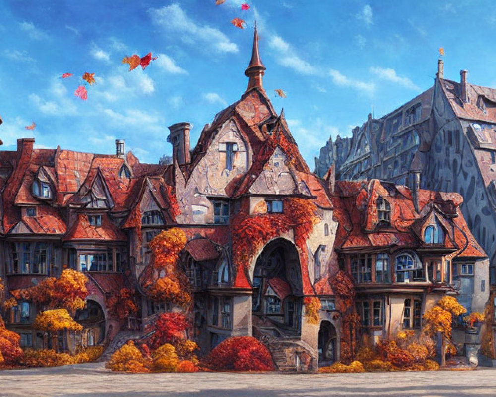 European Medieval Village with Autumn-Colored Ivy and Cobblestone Streets